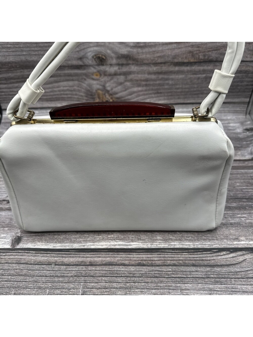 1950s 1960s Kadin White Textured Vinyl Handbag, Vintage Red Clasp Purse, Mod